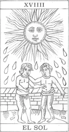 Arcano 19, El Sol, del tarot de Marsella. Dibujo.